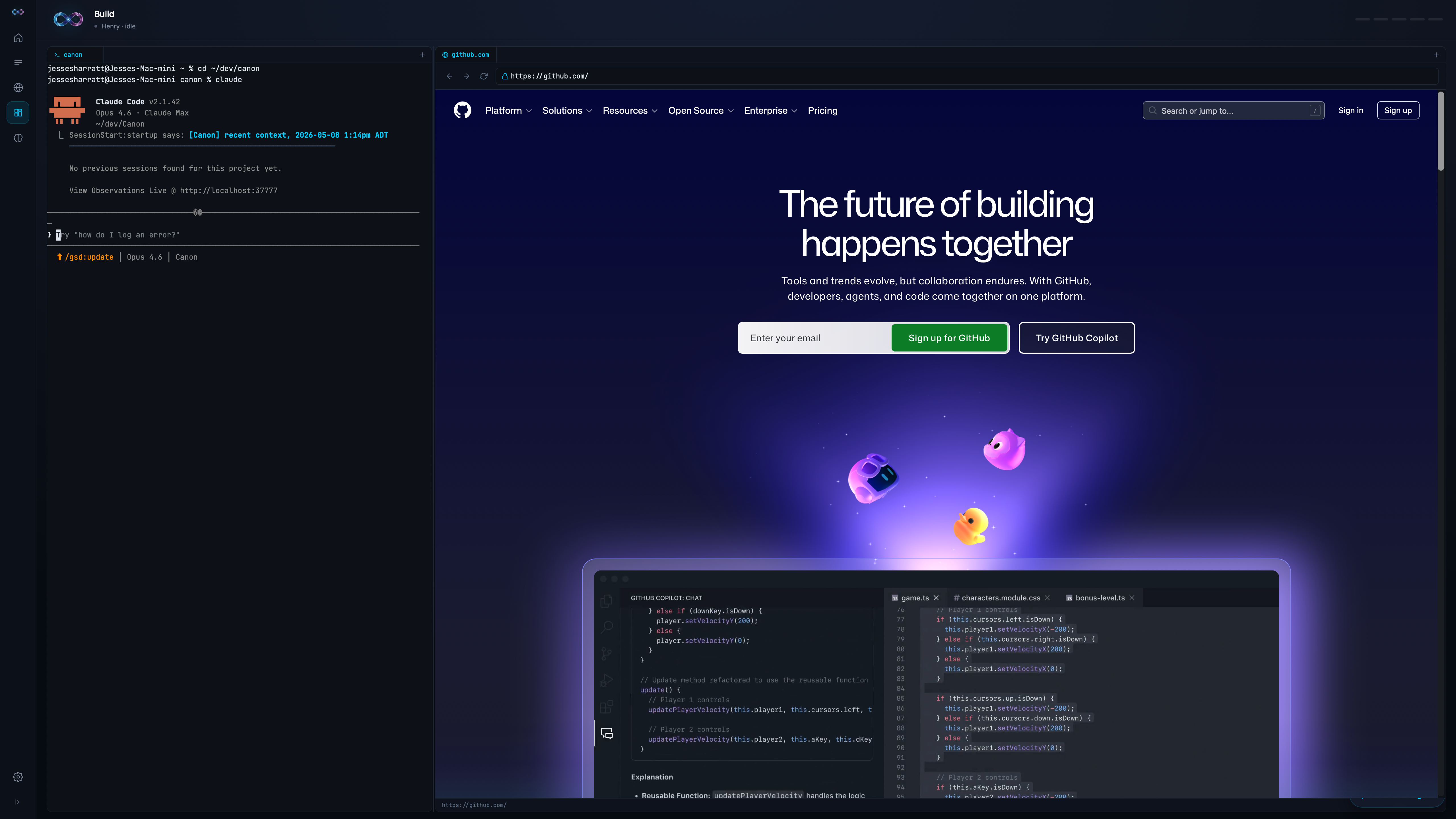 Terminal and browser, side by side.