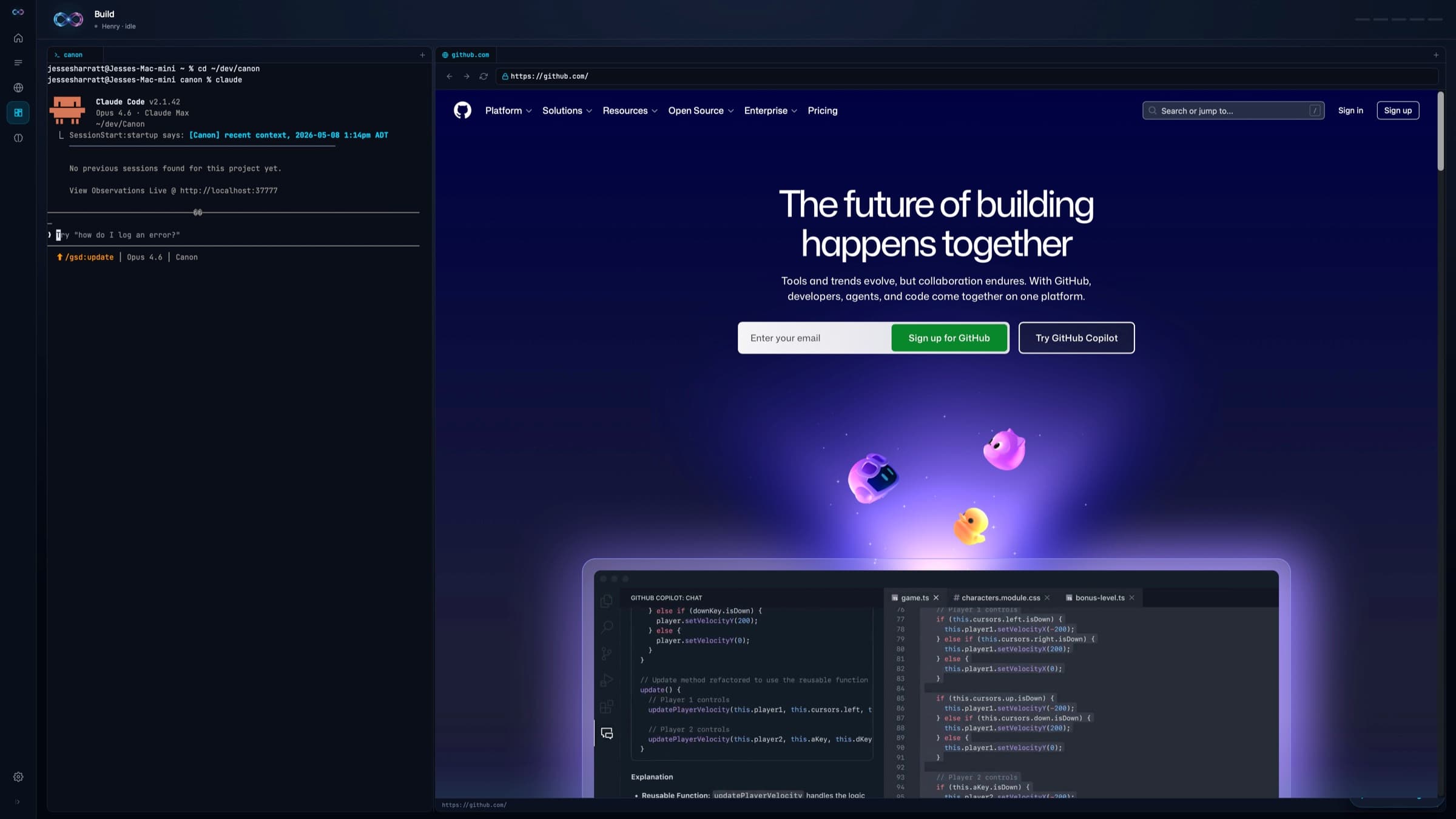 The Build tab: a terminal session beside an in-app browser.