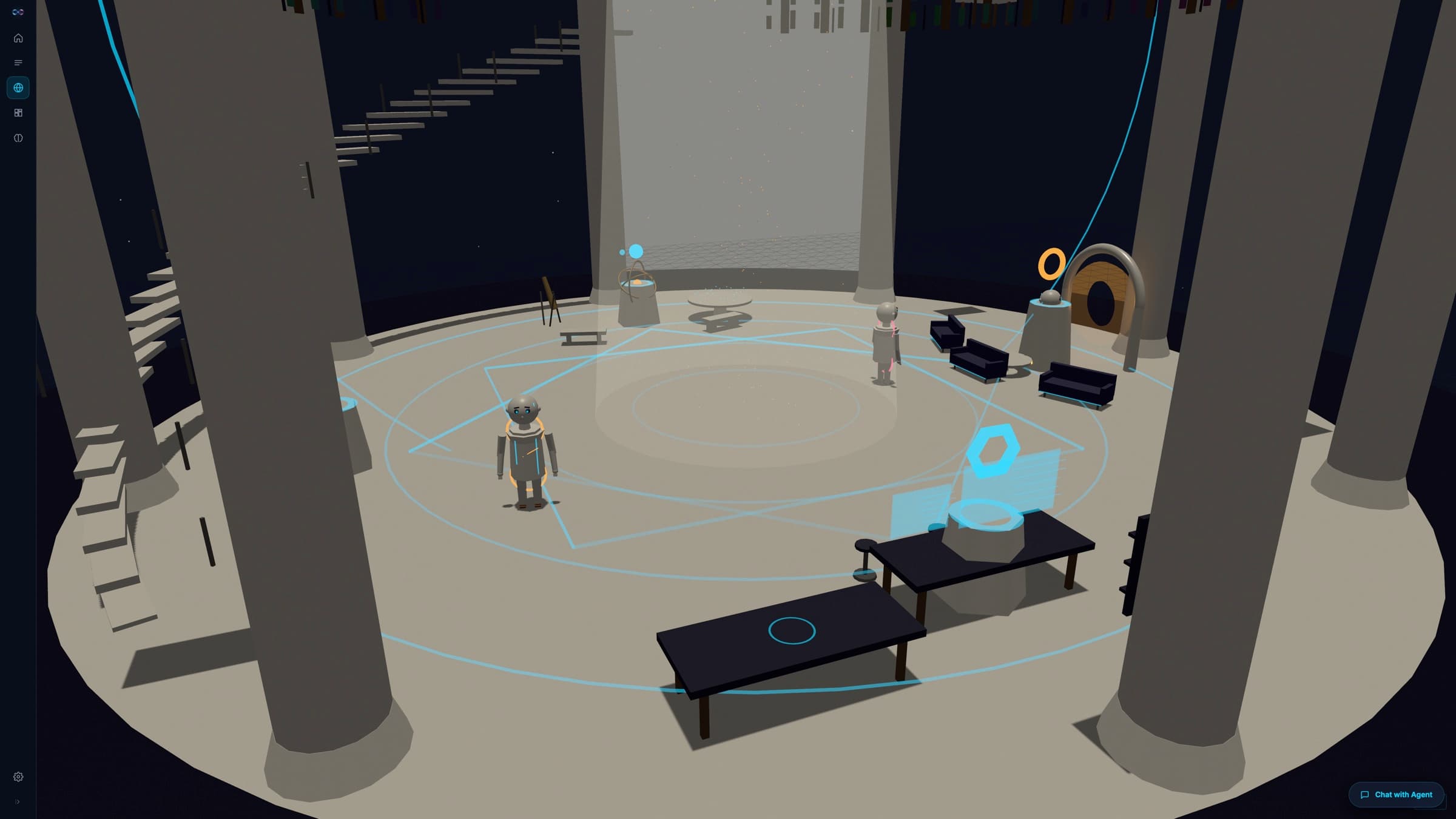 The World View: a 3D room where the agents are embodied as characters.